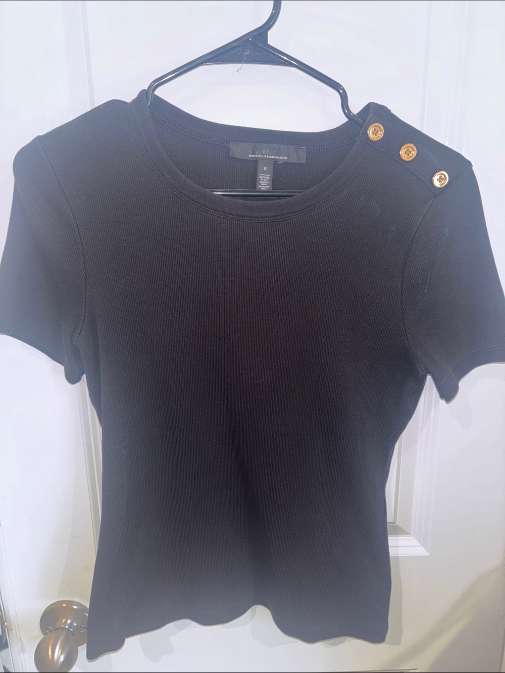 White House Black Market Black Short-Sleeve Top with Gold Shoulder Buttons